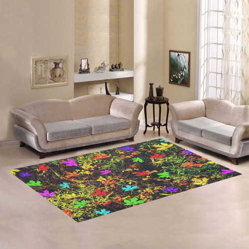 maple leaf in blue red green yellow pink orange with green creepers plants background Area Rug7'x5'