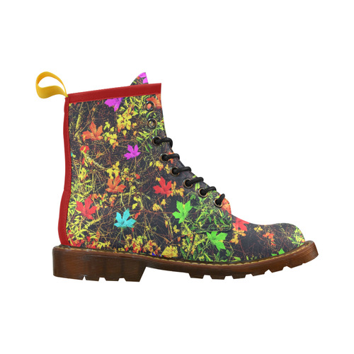 maple leaf in blue red green yellow pink orange with green creepers plants background High Grade PU Leather Martin Boots For Men Model 402H