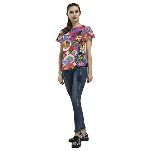 Sugar Skull Pop Art Colorful Print All Over Print T-Shirt for Women (USA Size) (Model T40)