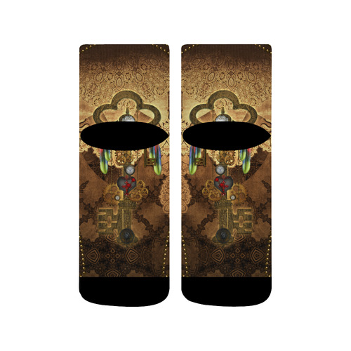 Steampunk, key with clocks, gears and feathers Quarter Socks