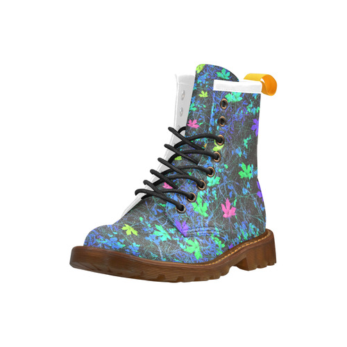 maple leaf in pink green purple blue yellow with blue creepers plants background High Grade PU Leather Martin Boots For Men Model 402H