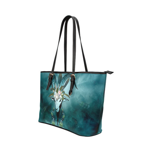 The billy goat with feathers and flowers Leather Tote Bag/Small (Model 1651)