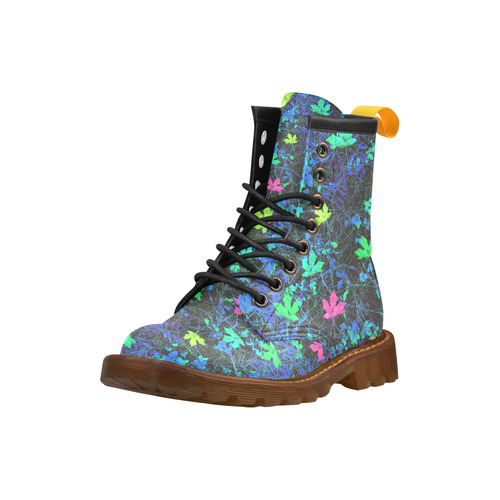 maple leaf in pink green purple blue yellow with blue creepers plants background High Grade PU Leather Martin Boots For Women Model 402H