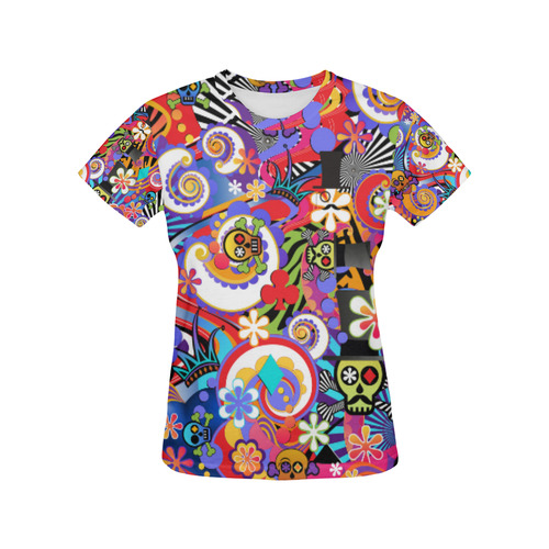 Sugar Skull Pop Art Colorful Print All Over Print T-Shirt for Women (USA Size) (Model T40)