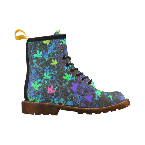 maple leaf in pink green purple blue yellow with blue creepers plants background High Grade PU Leather Martin Boots For Men Model 402H