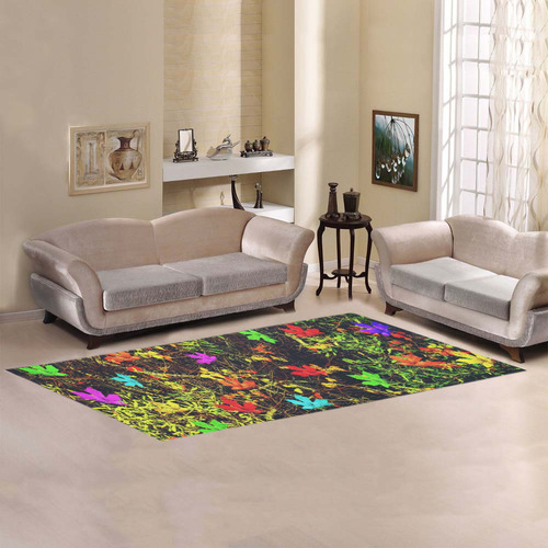 maple leaf in blue red green yellow pink orange with green creepers plants background Area Rug 9'6''x3'3''