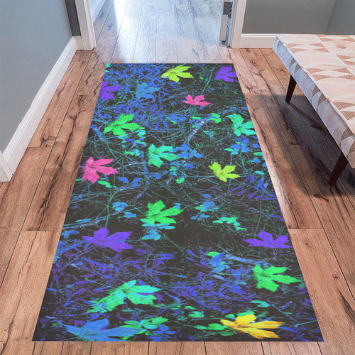 maple leaf in pink green purple blue yellow with blue creepers plants background Area Rug 9'6''x3'3''