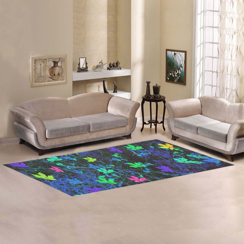maple leaf in pink green purple blue yellow with blue creepers plants background Area Rug 9'6''x3'3''