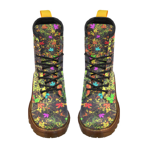 maple leaf in blue red green yellow pink orange with green creepers plants background High Grade PU Leather Martin Boots For Men Model 402H