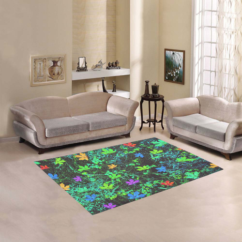 maple leaf in pink blue green yellow orange with green creepers plants background Area Rug 5'3''x4'