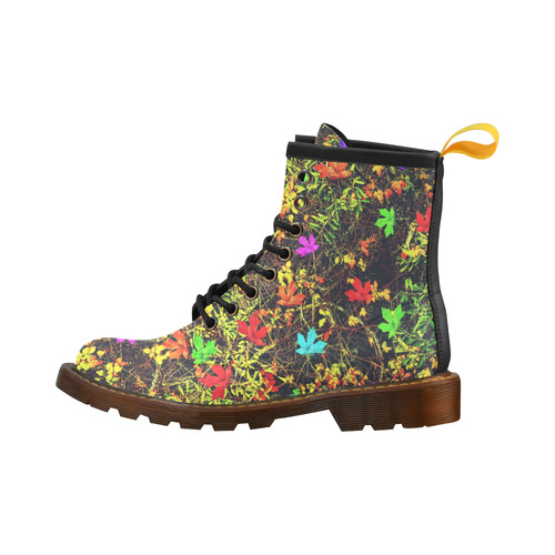 maple leaf in blue red green yellow pink orange with green creepers plants background High Grade PU Leather Martin Boots For Men Model 402H