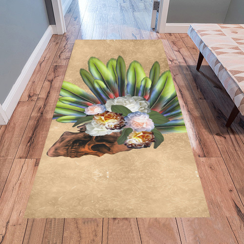 Amazing skull with feathers and flowers Area Rug 7'x3'3''