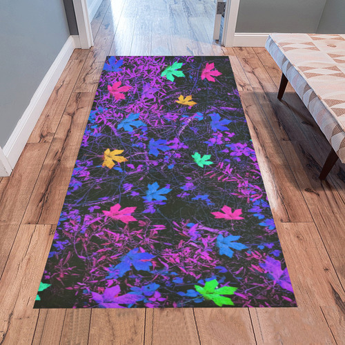 maple leaf in pink blue green yellow purple with pink and purple creepers plants background Area Rug 7'x3'3''