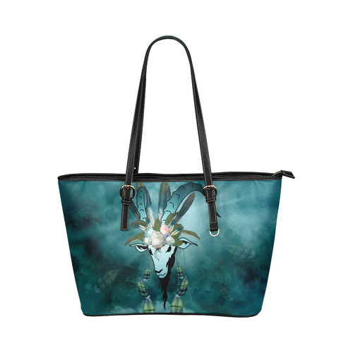 The billy goat with feathers and flowers Leather Tote Bag/Small (Model 1651)
