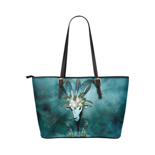The billy goat with feathers and flowers Leather Tote Bag/Small (Model 1651)