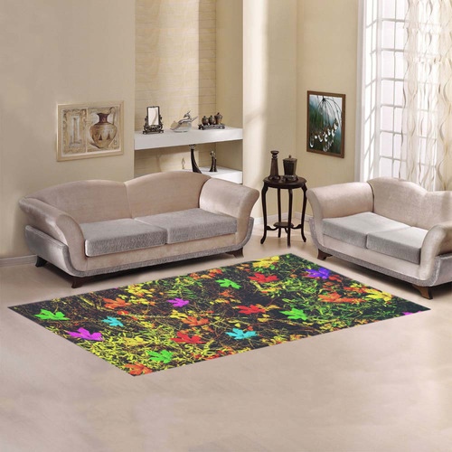 maple leaf in blue red green yellow pink orange with green creepers plants background Area Rug 7'x3'3''