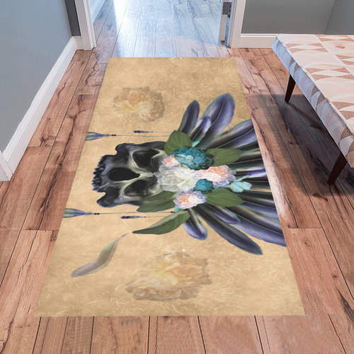 Cool skull with feathers and flowers Area Rug 7'x3'3''