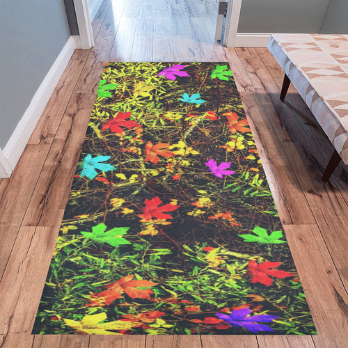 maple leaf in blue red green yellow pink orange with green creepers plants background Area Rug 9'6''x3'3''