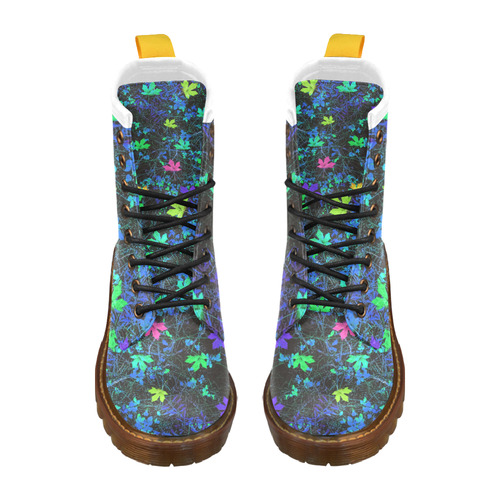 maple leaf in pink green purple blue yellow with blue creepers plants background High Grade PU Leather Martin Boots For Women Model 402H