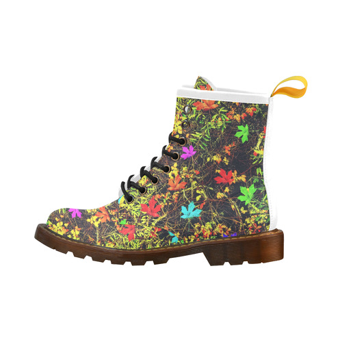 maple leaf in blue red green yellow pink orange with green creepers plants background High Grade PU Leather Martin Boots For Women Model 402H