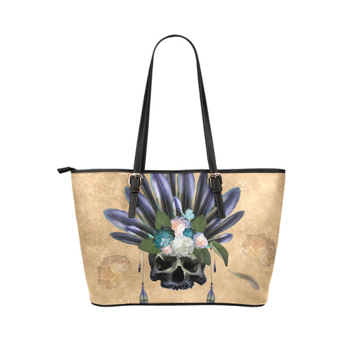 Cool skull with feathers and flowers Leather Tote Bag/Small (Model 1651)