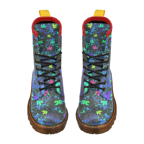 maple leaf in pink green purple blue yellow with blue creepers plants background High Grade PU Leather Martin Boots For Men Model 402H