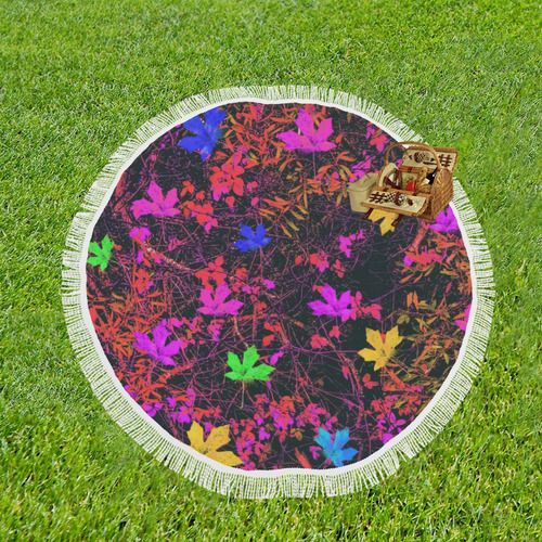 maple leaf in yellow green pink blue red with red and orange creepers plants background Circular Beach Shawl 59"x 59"