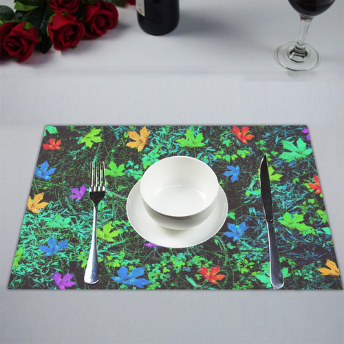 maple leaf in pink blue green yellow orange with green creepers plants background Placemat 14’’ x 19’’