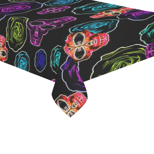 skull art portrait and roses in pink purple blue yellow with black background Cotton Linen Tablecloth 60"x 104"