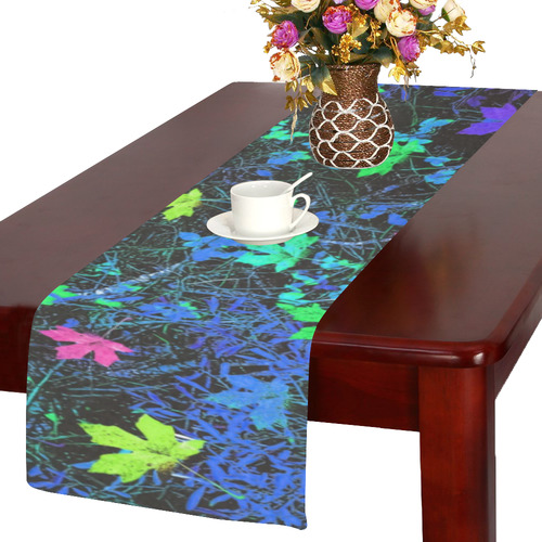 maple leaf in pink green purple blue yellow with blue creepers plants background Table Runner 14x72 inch