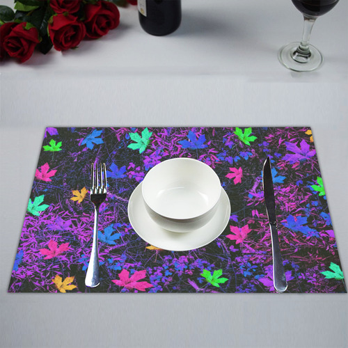 maple leaf in pink blue green yellow purple with pink and purple creepers plants background Placemat 14’’ x 19’’