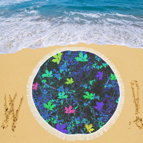 maple leaf in pink green purple blue yellow with blue creepers plants background Circular Beach Shawl 59"x 59"