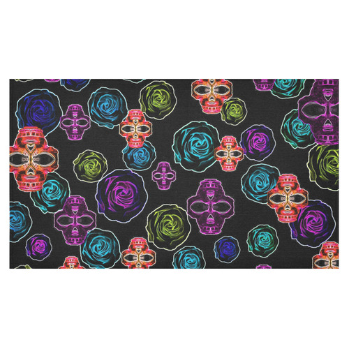 skull art portrait and roses in pink purple blue yellow with black background Cotton Linen Tablecloth 60"x 104"