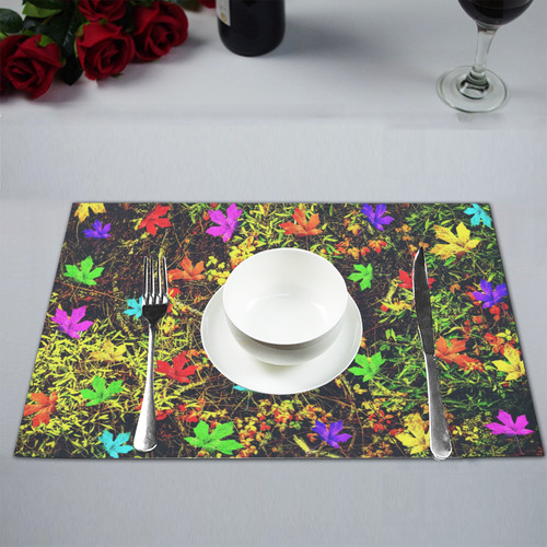 maple leaf in blue red green yellow pink orange with green creepers plants background Placemat 12''x18''