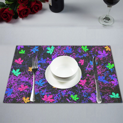 maple leaf in pink blue green yellow purple with pink and purple creepers plants background Placemat 12’’ x 18’’ (Six Pieces)