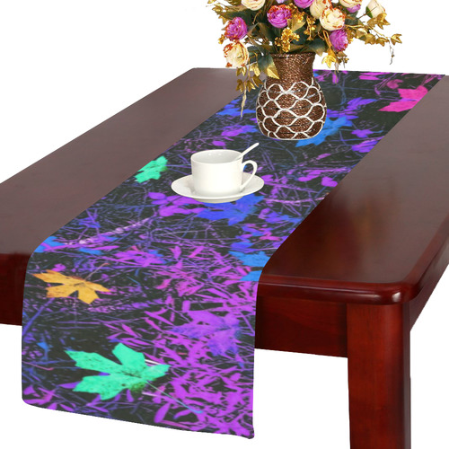 maple leaf in pink blue green yellow purple with pink and purple creepers plants background Table Runner 14x72 inch