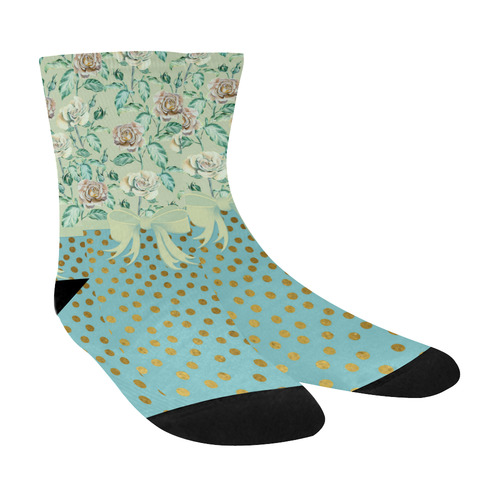 Vintage Roses Polka Dots Ribbon - Teal Gold Crew Socks