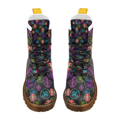 skull art portrait and roses in pink purple blue yellow with black background High Grade PU Leather Martin Boots For Women Model 402H