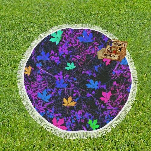 maple leaf in pink blue green yellow purple with pink and purple creepers plants background Circular Beach Shawl 59"x 59"