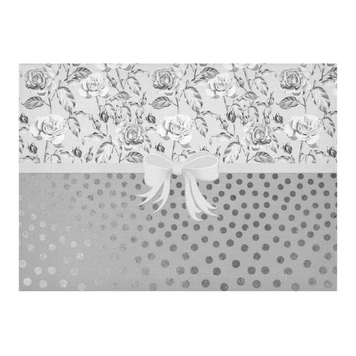Vintage Roses Polka Dots Ribbon - Grey Silver Cotton Linen Tablecloth 60"x 84"