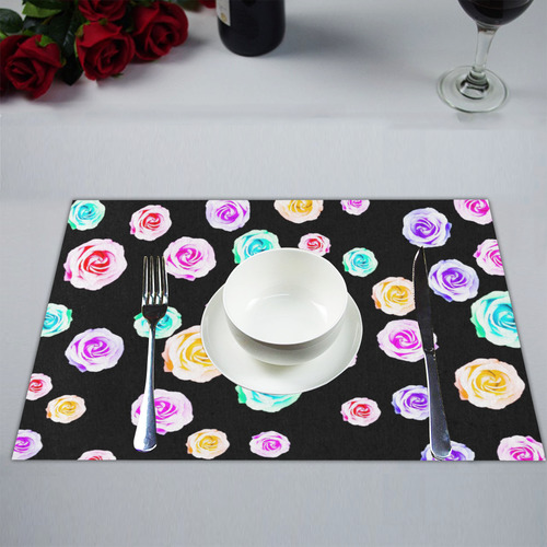 colorful roses in pink purple green yellow with black background Placemat 14’’ x 19’’ (Set of 2)