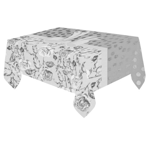 Vintage Roses Polka Dots Ribbon - Grey Silver Cotton Linen Tablecloth 60"x 84"