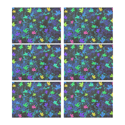 maple leaf in pink green purple blue yellow with blue creepers plants background Placemat 14’’ x 19’’ (Set of 6)