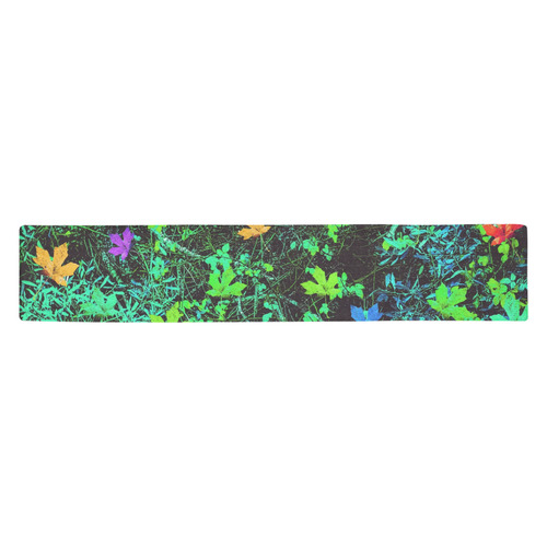maple leaf in pink blue green yellow orange with green creepers plants background Table Runner 14x72 inch