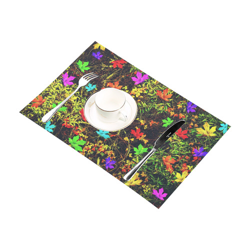 maple leaf in blue red green yellow pink orange with green creepers plants background Placemat 12’’ x 18’’ (Two Pieces)