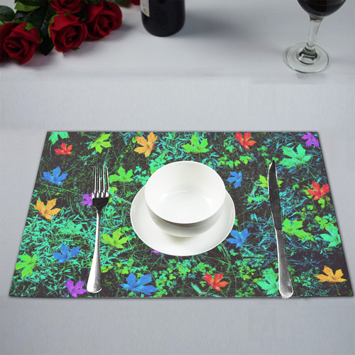 maple leaf in pink blue green yellow orange with green creepers plants background Placemat 12’’ x 18’’ (Set of 2)