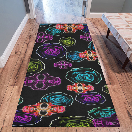 skull art portrait and roses in pink purple blue yellow with black background Area Rug 9'6''x3'3''