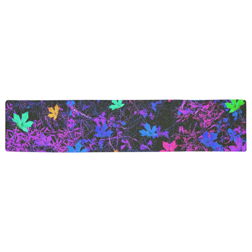 maple leaf in pink blue green yellow purple with pink and purple creepers plants background Table Runner 16x72 inch