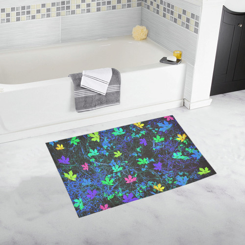 maple leaf in pink green purple blue yellow with blue creepers plants background Bath Rug 20''x 32''