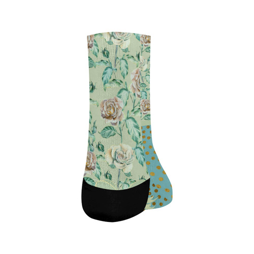 Vintage Roses Polka Dots Ribbon - Teal Gold Crew Socks